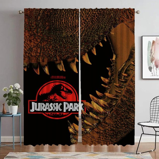 Jurassic Park Tüll-Vorhänge für Wohnzimmer und Schlafzimmer, 2er-Set, Schwarz, Breite: 50 cm, Höhe: 70 cm - Bild 1