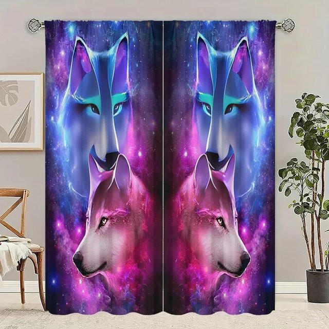 Tonnika Chen Vorhang Set mit Doppelwolf-Kunstdesign aus Polyester, Multicolor, Breite: 100 cm, Höhe: 70 cm - Bild 1