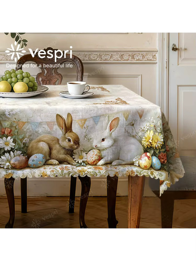 Vespri Oster-Tischdecke aus Polyester in Weiß und Beige mit Hasen-Blumen-Ei-Design für Party und Festival - Bild 3