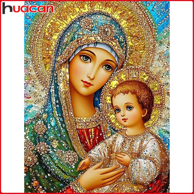 Huacan DIY Diamantmalerei Porträt Heilige Mutter mit Kind, Rund, Mehrfarbig - Bild 1