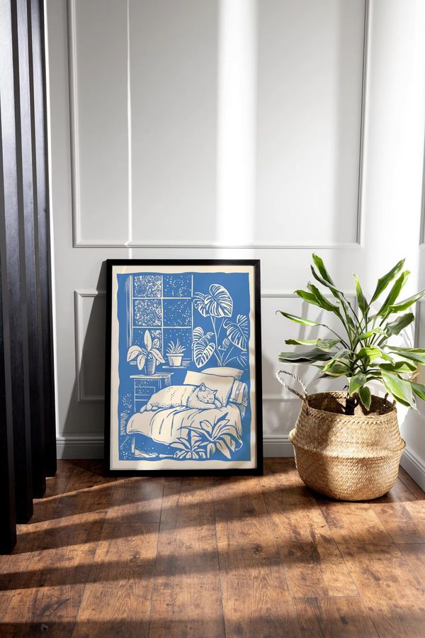 Boho Wandkunstdruck Schläfrige Katze im Retro-Linocut-Stil von SHENCHEN als Vintage-Illustration für dein Schlafzimmer - Bild 5