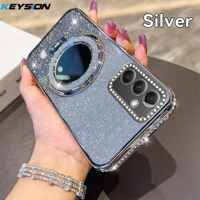 KEYSION Luxus Glitzer Handyhülle mit Magnet und Make-up Spiegel Ständer für Samsung Galaxy A54 5G, A34, A24, A14 in Silber - Bild 1