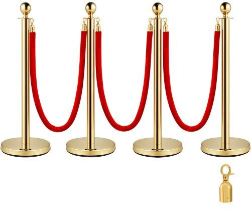 VEVOR Absperrpfosten Set aus Edelstahl mit roten Samtseilen und goldenen Kugelkopf-Ständern, 4er Pack, Farbe: Gold und Rot - Bild 1