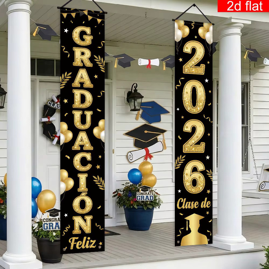 OURFETE Feliz Graduación Türbanner-Set für die Abschlussfeier 2026, Spanisches Graduierungsbanner in Schwarz und Gold zur Veranda-Dekoration - Bild 2