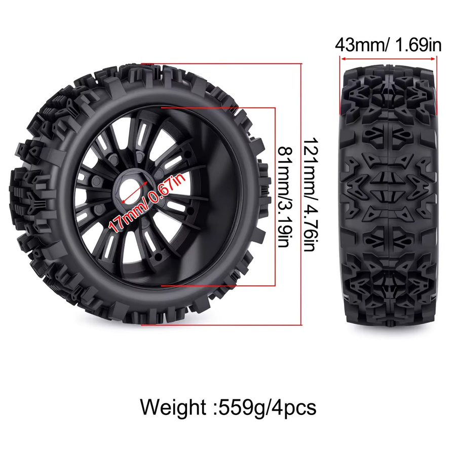 MALOM RC Off-Road Buggy Räder Reifen, 4-teiliges Set, 17mm Sechskant - Bild 3