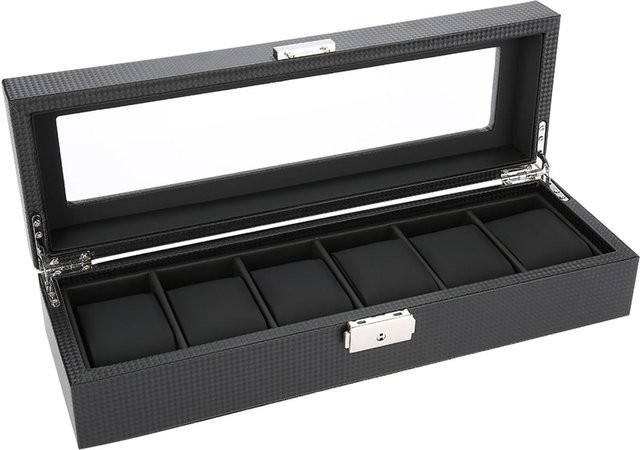 TOMTOP JMS Uhrenhalter Aufbewahrungskoffer, 6 Fächer, PU Kohlefaserleder, Schwarz, Herren - Bild 1