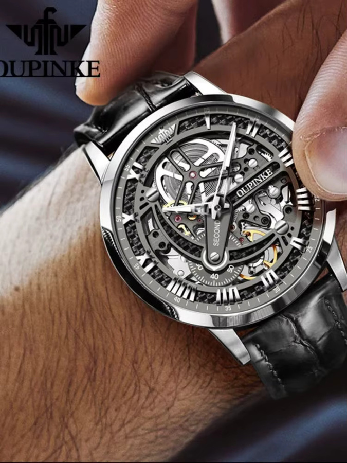 OUPINKE Armbanduhr, Skeleton, Automatik, Lederband, Herren - Bild 7
