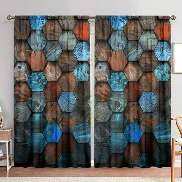 2er-Set Geometrisch bedruckte Vorhänge mit Holzmaserung in Grau, halbtransparent, B: 52,5 cm x H: 116 cm - Bild 1