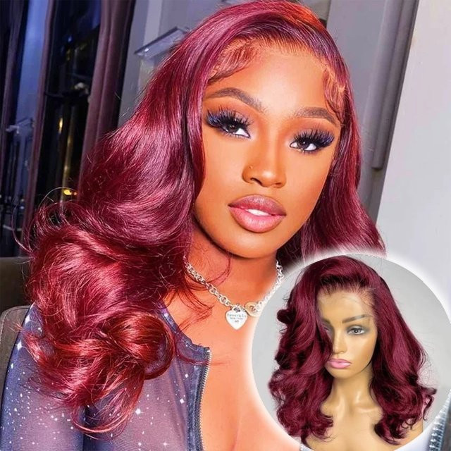 ALIKODY Perücke Echthaar, 16 Zoll, Burgunderrot, Body Wave, Lace Front, Damen - Bild 1