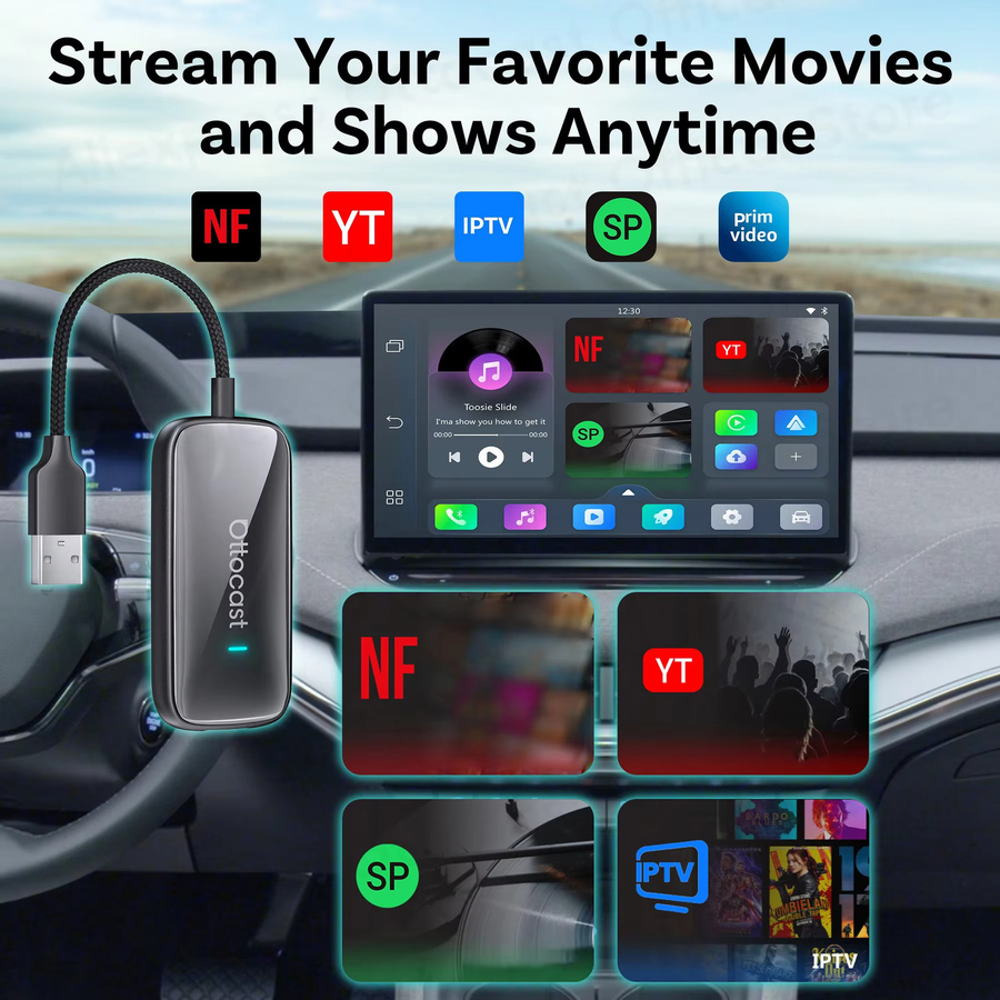 OTTOCAST Play2Video Ultra Wireless CarPlay und Android Auto Adapter mit YouTube Funktion in Schwarz - Bild 4
