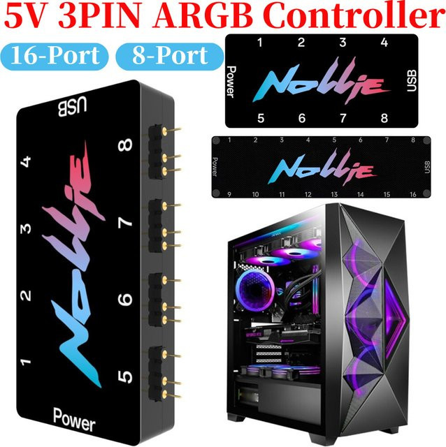 Alloet 5V 3PIN ARGB Controller 8-Wege Adressierbarer Splitter für PC-Lüfter und Lichtstreifen in Schwarz - Bild 1