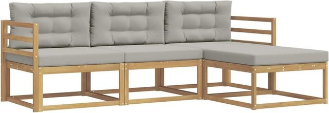 vidaXL Outdoor-Sofagarnitur 4-teilig in L-Form aus Akazienholz mit Polstern in Weiß, Grau und Braun - Bild 1