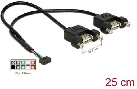 Delock USB 2.0 Kabel mit 10-Pin Header auf 2x USB-A Buchse zum Einbau, Schwarz, 0,25 m - Bild 1