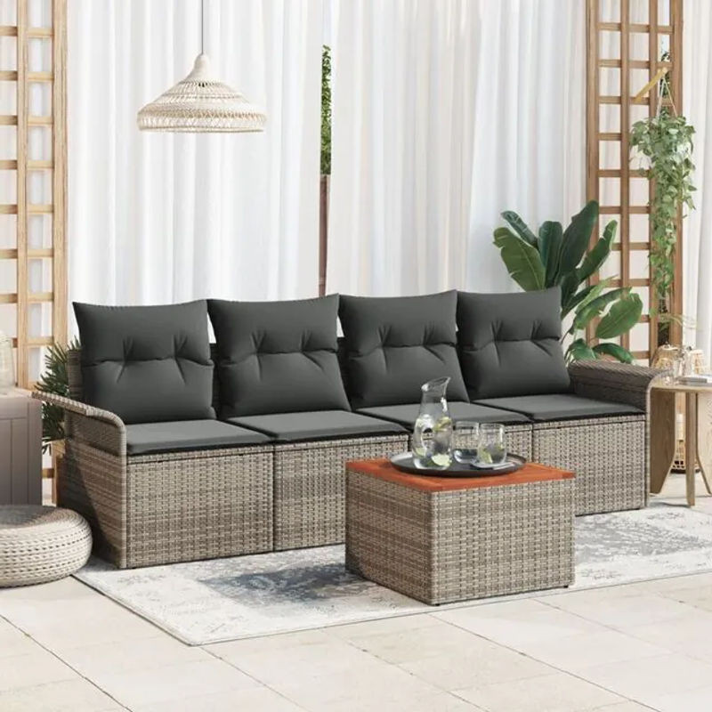 Vidaxl Garten-Sofa-Set mit Kissen aus Rattan und Holz in Grau, 5-teilig, B/T/H: 55 x 55 x 37 cm - Bild 1