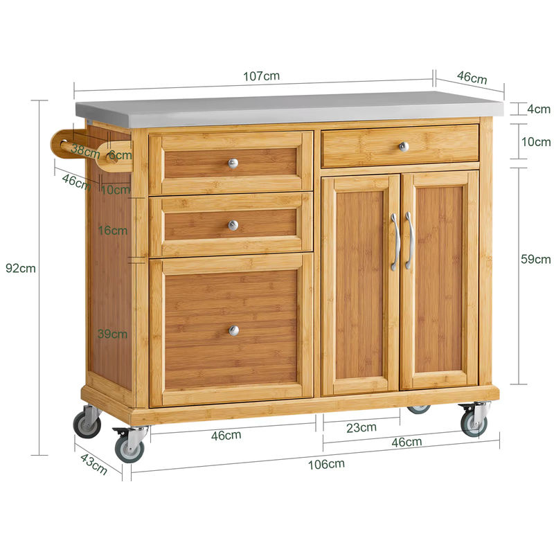 SoBuy Kücheninsel FKW70-N auf Rollen mit Edelstahl-Arbeitsplatte und Schubladen in Braun, B/T/H: 115 x 92 x 46 cm - Bild 2