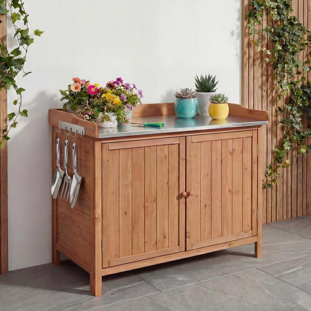 Gartenschrank MCW-L69 mit Arbeitsplatte und Pflanztisch aus FSC-zertifiziertem Tannenholz in Braun, H: 86 cm, B: 104 cm, T: 52 cm - Bild 1