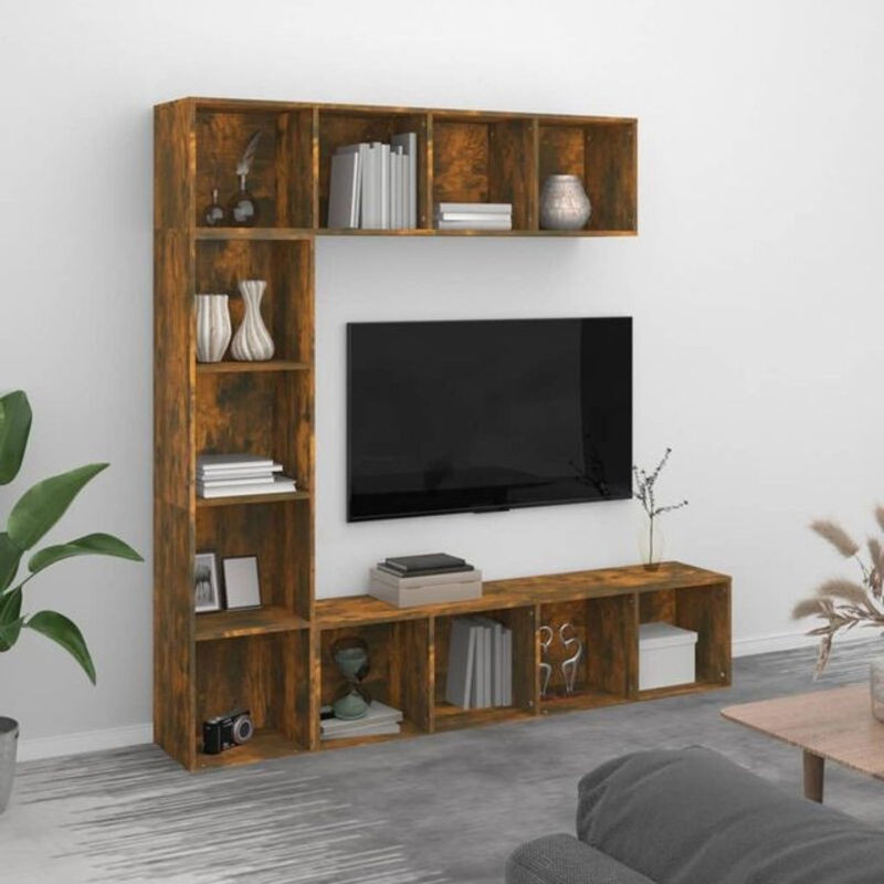 Vidaxl 3-teiliges Bücherregal und TV-Schrank Set in Räuchereiche, Braun und Grau, H x B x T: 180 x 180 x 30 cm - Bild 1