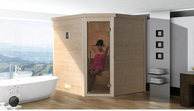 Weka Massivholzsauna Turku 1 in Beige mit Glastür und 7,5 kW BioS Sparset, B/H/T: 195 x 205 x 178 cm - Bild 1