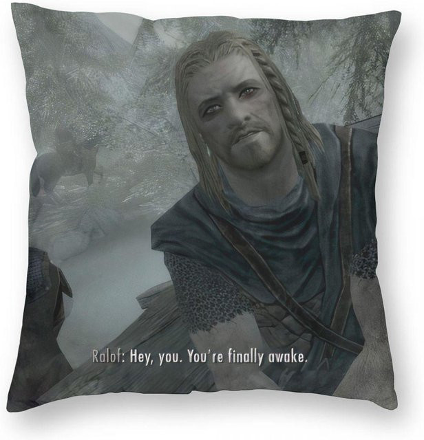 Quadratischer Kissenbezug Hey You Youre Endlich Awake Skyrim Meme von Onion Pillow, Farbe: Grau, B/B: 60 x 60 cm - Bild 1