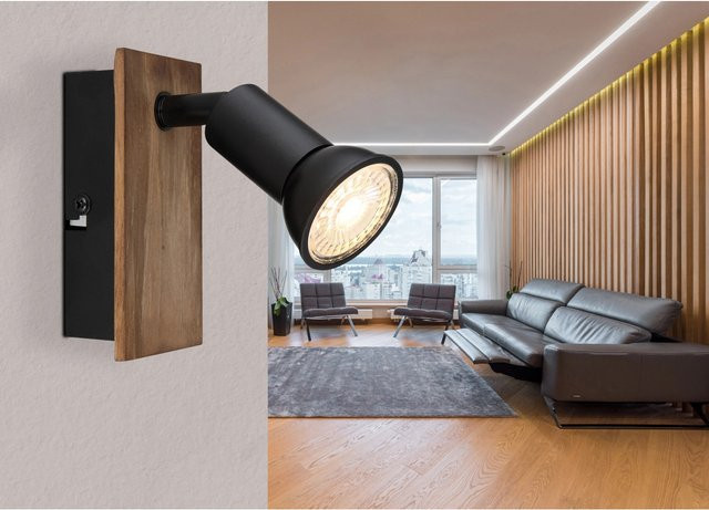 Globo Strahler Drew 1-flammig Dunkelbraun Wandleuchte aus Metall und Holz mit GU10 Fassung und verstellbarem Reflektor - Bild 1
