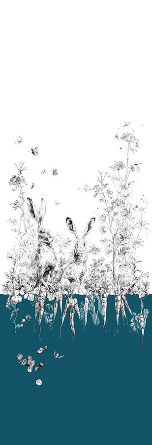 Edmond Petit Vlies Tapete Lièvres gauche in Blau und Türkis mit Tiermotiv und botanischen Elementen - Bild 1
