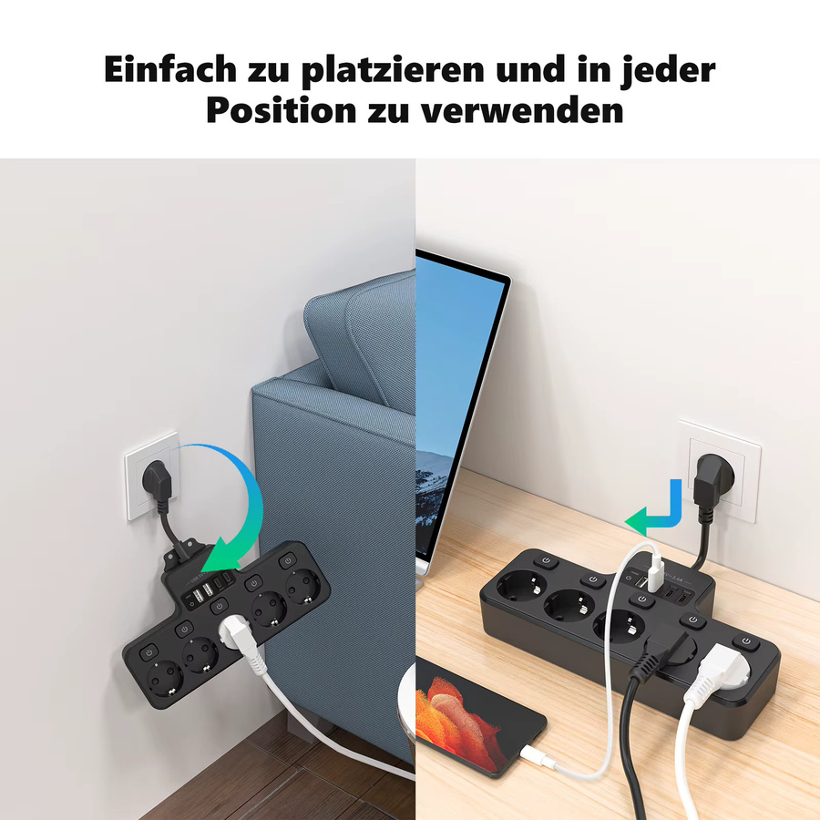 HITRENDS Steckdosenleiste in Schwarz mit individuellem Schalter, 2 USB-A und 2 USB-C Anschlüssen, 16 A, B/T/H: 23,0 x 12,5 cm - Bild 4