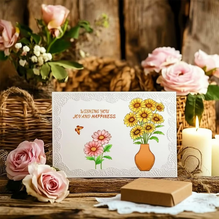 Transparente Silikonstempel mit Gänseblümchenmotiv und Schmetterlingsvase zum Basteln - Bild 3