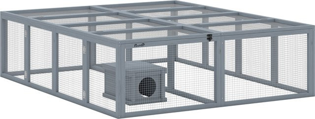 PawHut Freilaufgehege aus Holz mit Unterschlupfhaus für 2-4 Zwergkaninchen oder Meerschweinchen, Grau, B: 180,4 cm, T: 150 cm, H: 48 cm - Bild 1
