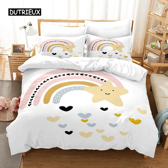 Regenbogen Bettwäsche Set für Baby und Kinder von Binchi Outdoor Product in Pastellfarben mit Kissenbezügen und Reißverschluss, Material Mikrofaser, B/H: 150 x 210 cm und 135 x 200 cm - Bild 1