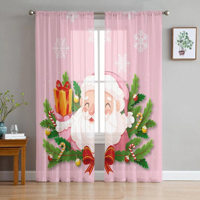 Weihnachtliche Tüll-Vorhänge mit Weihnachtsmann, Kiefernnadeln und Schneeflocken in Rosa und Weiß, transparent, B: 135 cm, H: 115 cm - Bild 1