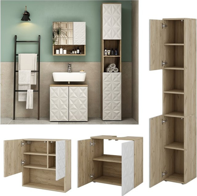 Vicco Badmöbel-Set Edge in Weiß und Eiche bestehend aus 3 Teilen mit Hochschrank, Spiegelschrank und Waschbeckenunterschrank - Bild 1