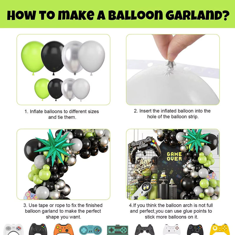 Elektronisches Ballonbogen-Set zur Dekoration für Geburtstage in Grün, Schwarz und Grau mit Latex- und Aluminiumfolienballons sowie Sternen - Bild 6