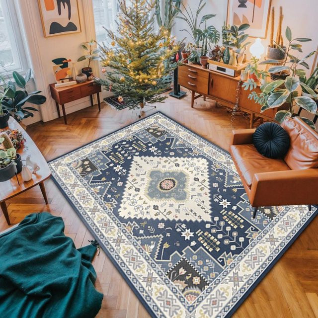 Vikama Marokkanischer Teppich im Boho-Stil, Blau, Rutschfest für Wohnzimmer und Schlafzimmer - Bild 1