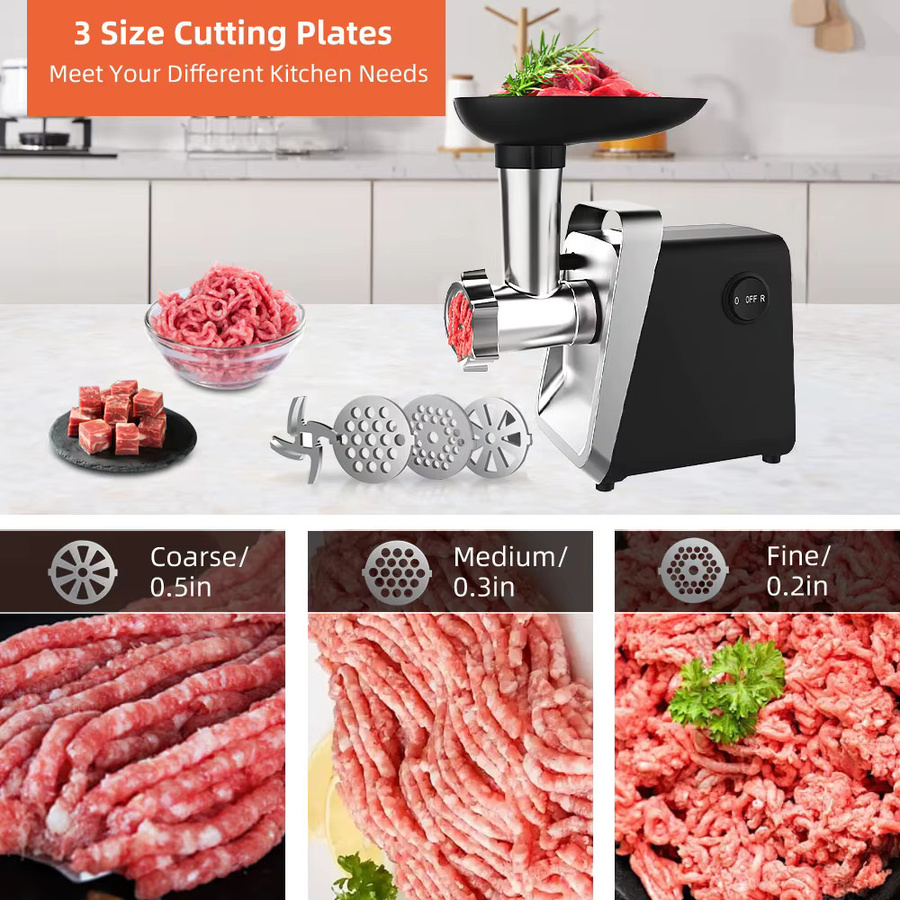 Betuyoo 2-in-1 Elektrische Fleisch- und Gemüsemühle mit Wurstfüller, 800W, Grau, Edelstahl, 3/5/7mm Schneidplatten und 5-Klingen-Set - Bild 2