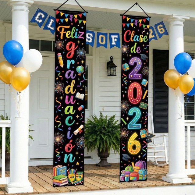 AFYPRTY Abschlussbanner Feliz Graduacion Klasse der 2026 in Schwarz im Neon-Stil aus Polyestergewebe zur Dekoration deiner Abschlussfeier - Bild 1