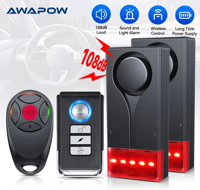 Awapow Kabelloser Vibrationsalarm für Auto und Heim mit 108 dB Sirene, Licht und Fernbedienung, Schwarz - Bild 1