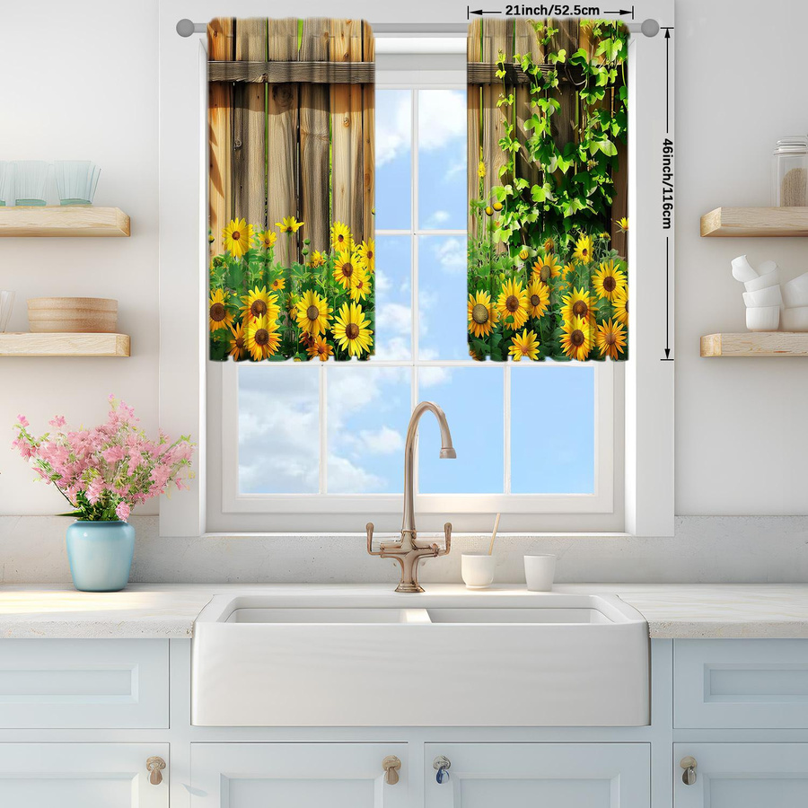 2-teiliges Set semi-transparente Vorhänge mit Sonnenblumen-Print von Household supplies MH, modern und floral, B: 52,5 cm, H: 116 cm, Mehrfarbig - Bild 4