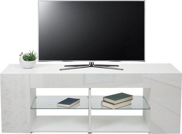 MCW TV-Rack L36 Lowboard in Hochglanz Weiß mit Pappelholz und Glas, B/T/H: 144 x 50 x 40 cm - Bild 1