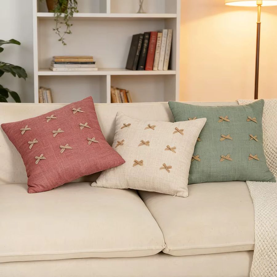 BUYNOW Retro Kissenbezug mit Schleife in Beige für Wohnzimmer und Schlafzimmer - Bild 2