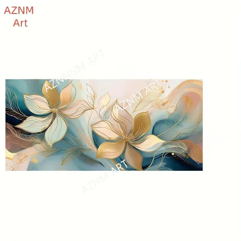Modernes AZNM Leinwandposter mit floralem Blatt-Design in Gold und Multicolour, rechteckiges Wandbild ohne Rahmen - Bild 2