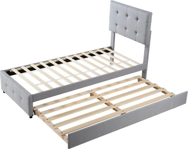 KOMHTOM Polsterbett aus Leinen in Grau, ausziehbares Kinderbett und Jugendbett mit verstellbarem Kopfteil, B/T/H: 90 x 200 x 150 cm - Bild 1