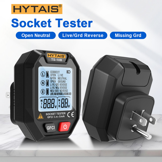 HYTAIS Digitaler Steckdosentester in Schwarz mit Hintergrundbeleuchtung zur Prüfung von Polarität, Phasen, Nullleitung und Batterieleistung für EU, US und UK Stecker - Bild 1