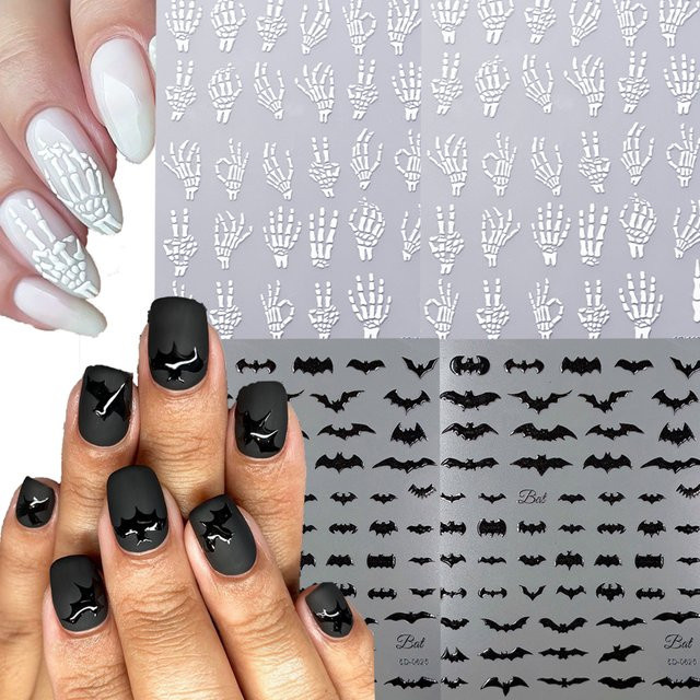 HotPress Nagelaufkleber, Fledermaus und Totenkopf, Schwarz, Weiß, Unisex - Bild 1