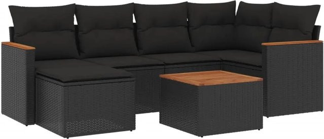 vidaXL 7-tlg. Garten-Sofagarnitur in L-Form mit Kissen und Ottoman, Schwarz, Poly-Rattan mit Metallgestell - Bild 1