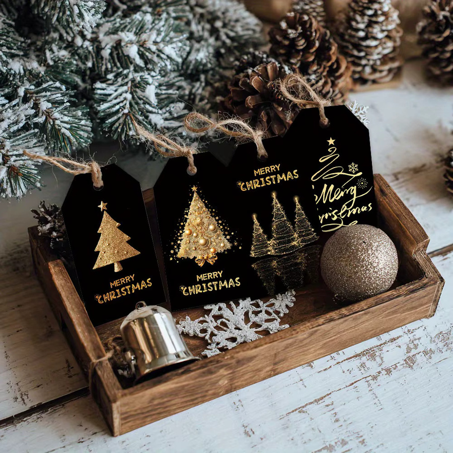 48 Stück Weihnachtsgeschenkanhänger in Schwarz und Gold mit Baumdesign und Hanfseil aus Papier - Bild 3