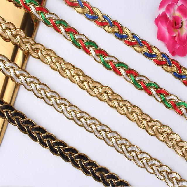 Geflochtene Spitze mit Goldlinie aus Polyester für DIY-Näharbeiten und Hochzeitsdekoration, Weiß/Gold, Breite: 1,2 cm, 5 Yards pro Rolle - Bild 1