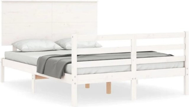 vidaXL Massivholzbett aus Kiefernholz mit Kopfteil in Weiß, B/T/H: 140 x 200 x 82,5 cm - Bild 1