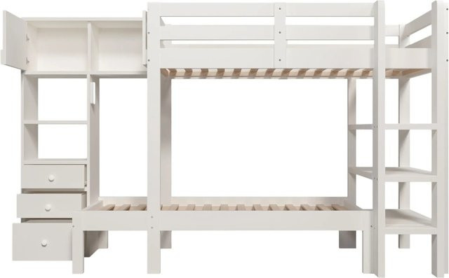 Merax Etagenbett für Kinder mit Schrank, Regal und Schubladen, Weiß, B/T/H: 200 x 90 x 144 cm - Bild 1
