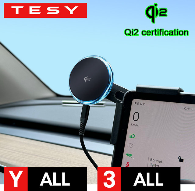 TESY Qi2 15W Magnetisches kabelloses Ladegerät mit Handyhalterung und Bildschirmhalterung in Schwarz, kompatibel mit MagSafe für Tesla Model Y, Model 3 Highland und Juniper - Bild 1