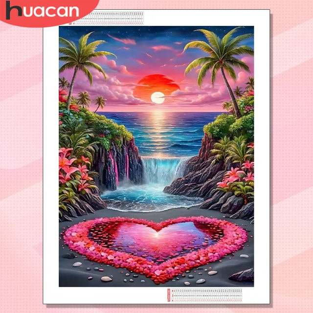 HUACAN Diamant-Stickerei Strandlandschaft mit Herz-Motiv in Multicolour, B/H: 30,0 x 20,0 cm - Bild 1